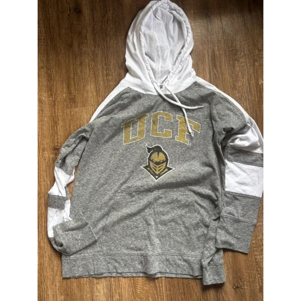 Gray UCF hoodie with gold UCF letters and mascot